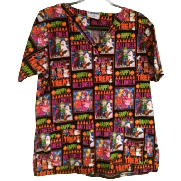 Halloween Costume Scrub Trick or Treat Pumpkin Witch Candy Ghost Landau Top M - Picture 1 of 5
